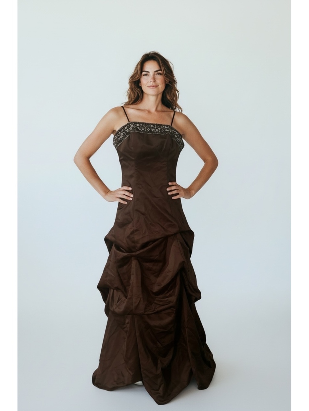 Elegant Brown Spaghetti Strap or StraplessEvening Gown